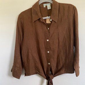 IN THE WASH BROWN LINEN TIE-FRONT TOP -Size Small
